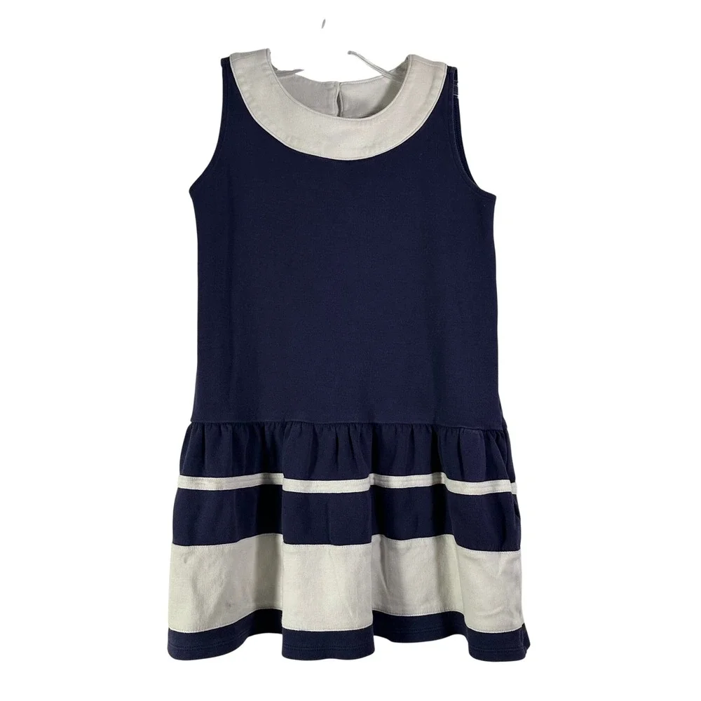 Gymboree Girls Navy Blue White Striped Drop Waist Peter Pan Collar Dress Size 7
